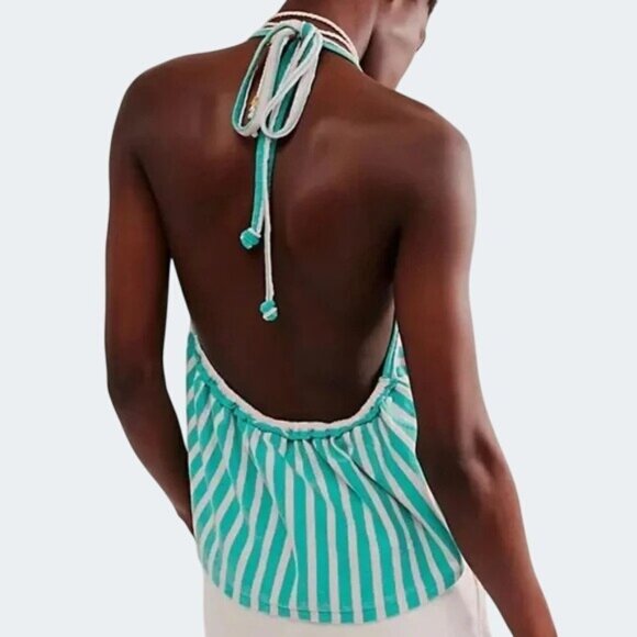 Free People We The Free Coastal Town Halter Top Green White Large - Picture 2 of 13